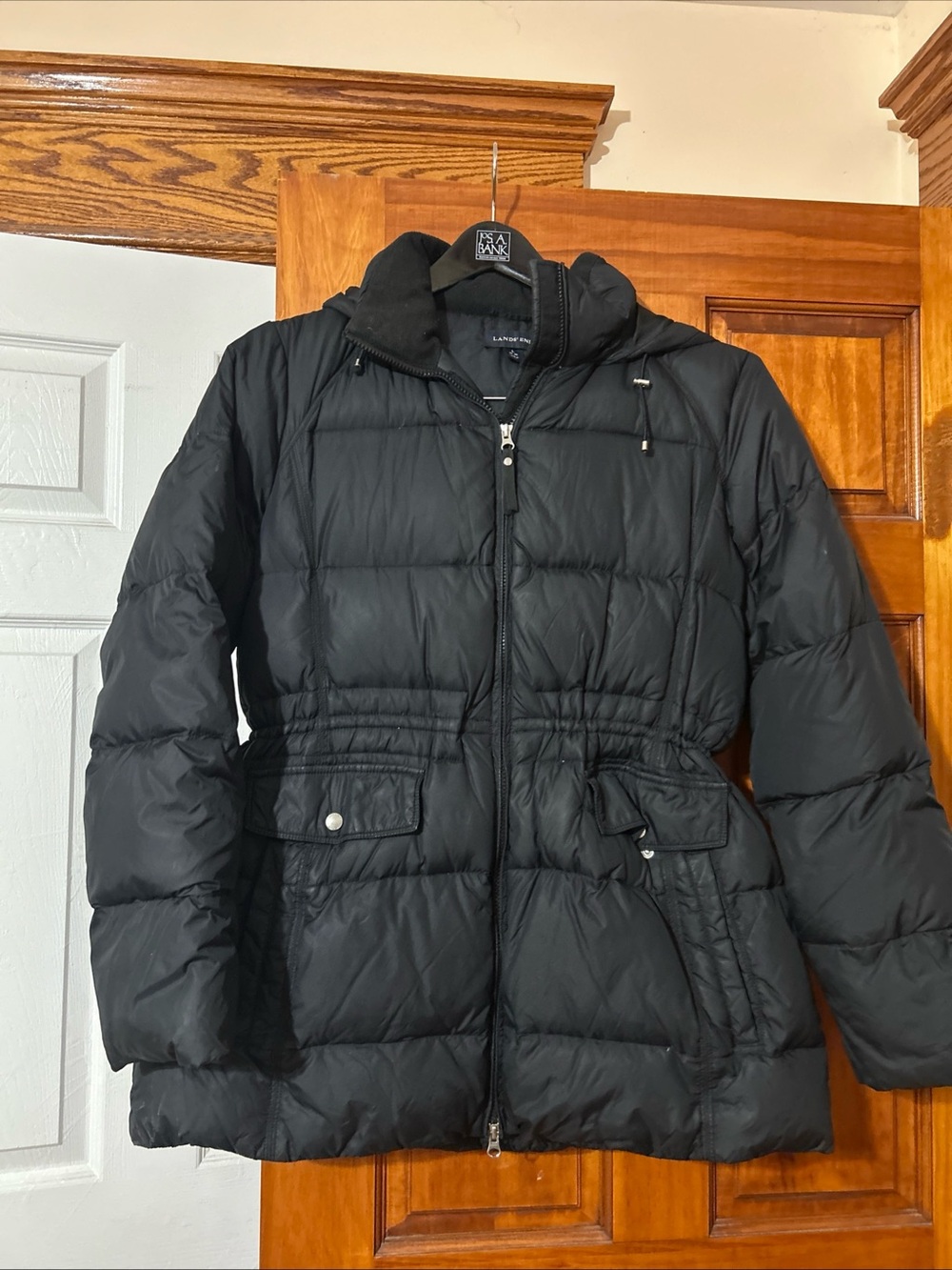 LANDS END WOMEN L DOWN PUFFER COAT CINCH WAIST SZ L BLACK WINTER  SNOW